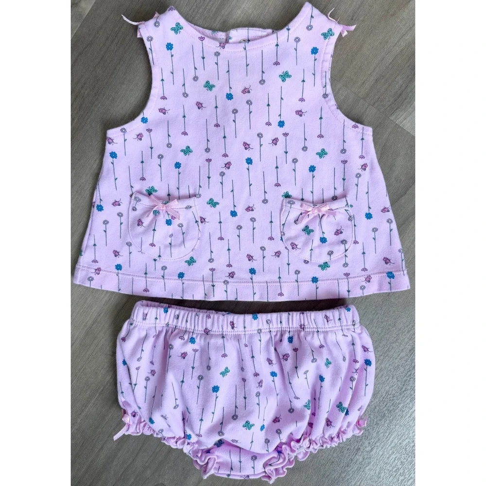Miniwear Vintage Baby Girls Pink Floral Butterfly 2 Piece Top Bloomers Set 3-6M